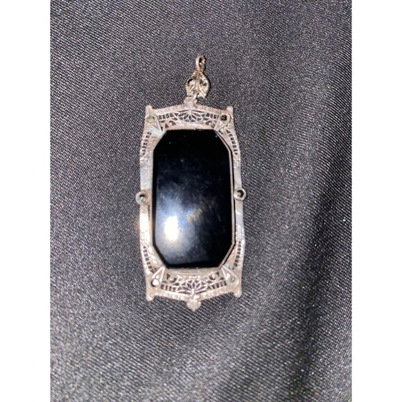 Art Deco Filigree Locket Frame w/ Black Onyx Stone | TESTED STERLING Silver Pend - Picture 3 of 7